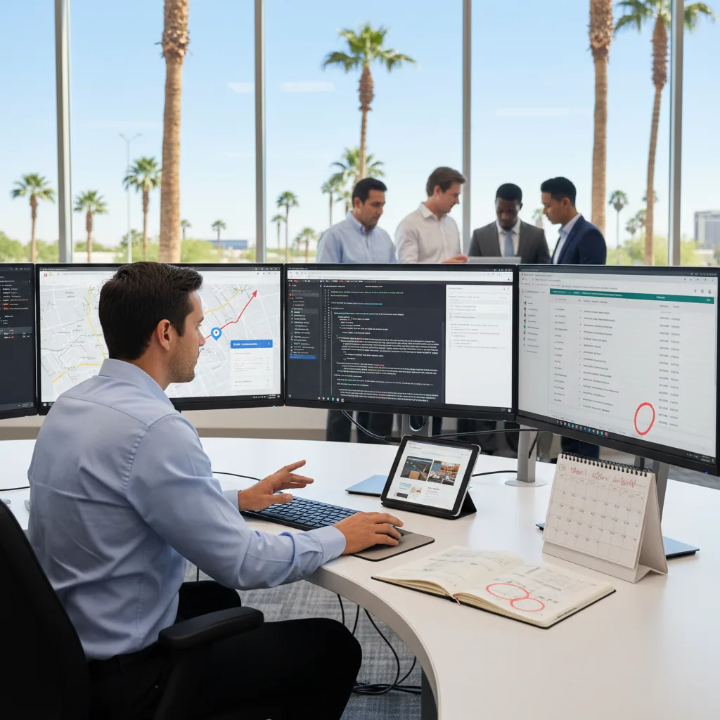 Developer working at multiple computer monitors displaying maps, code, and data analytics in a modern office with palm trees