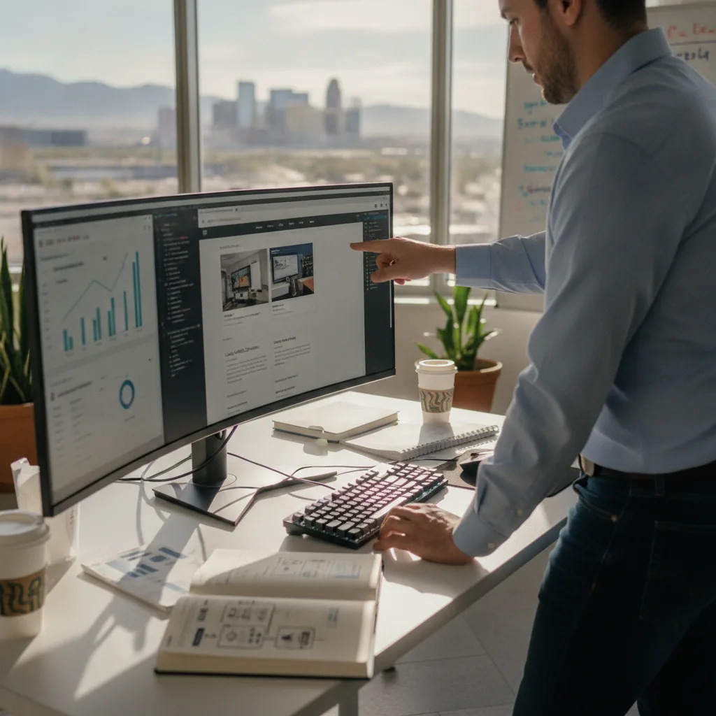 Man in blue shirt pointing at computer monitor displaying website design and analytics in high-rise office with city skyline
