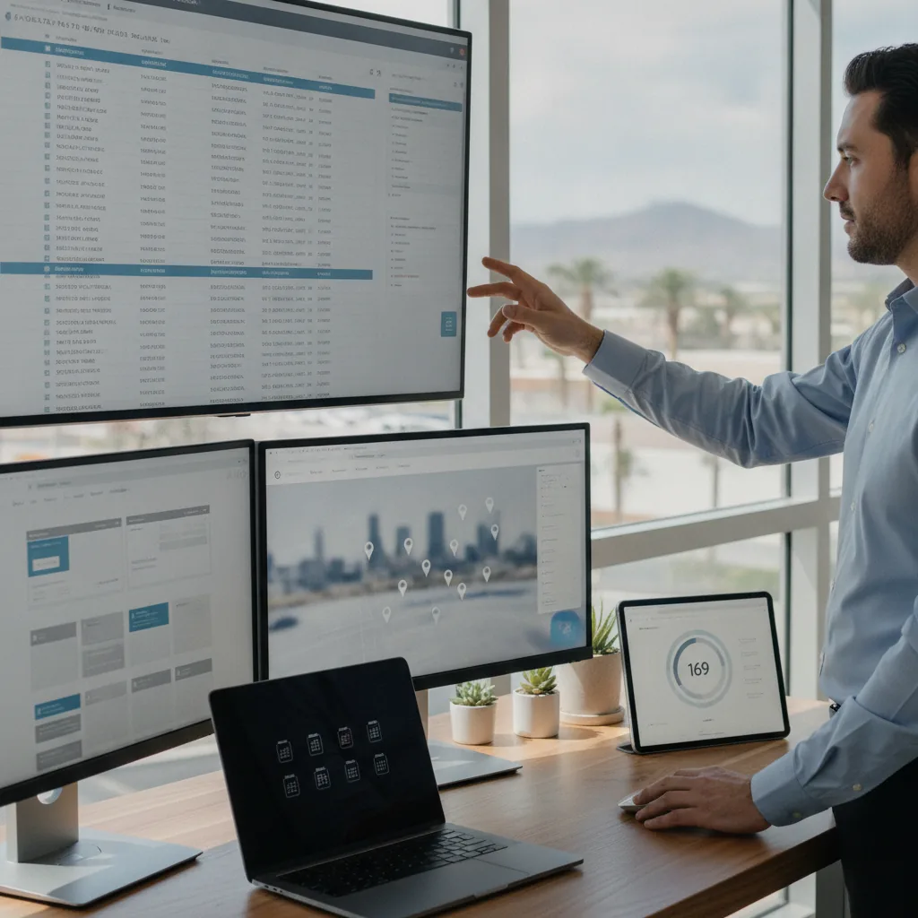 Man in blue shirt pointing at large monitor displaying data analytics dashboard with multiple screens showing maps and metric