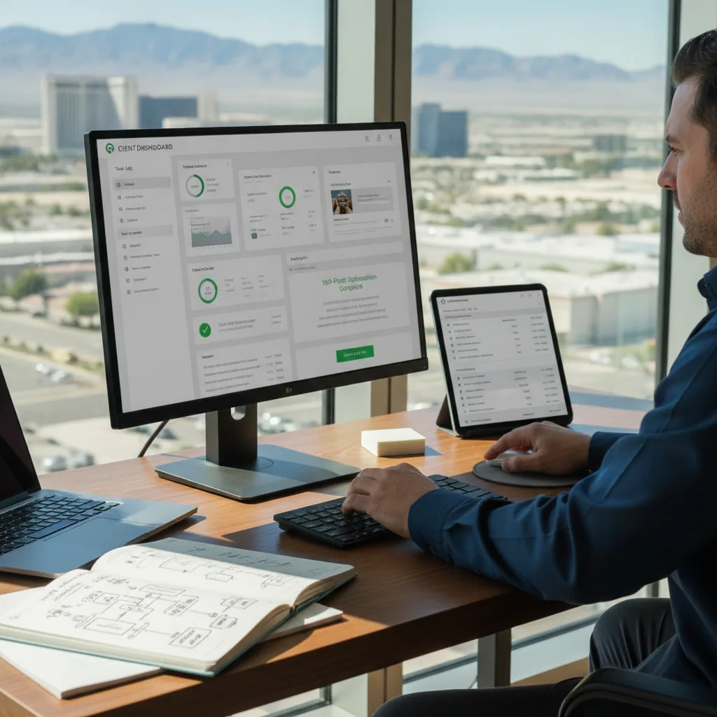 Man in blue shirt viewing dashboard analytics on desktop monitor and tablet at high-rise office desk overlooking Las Vegas ci