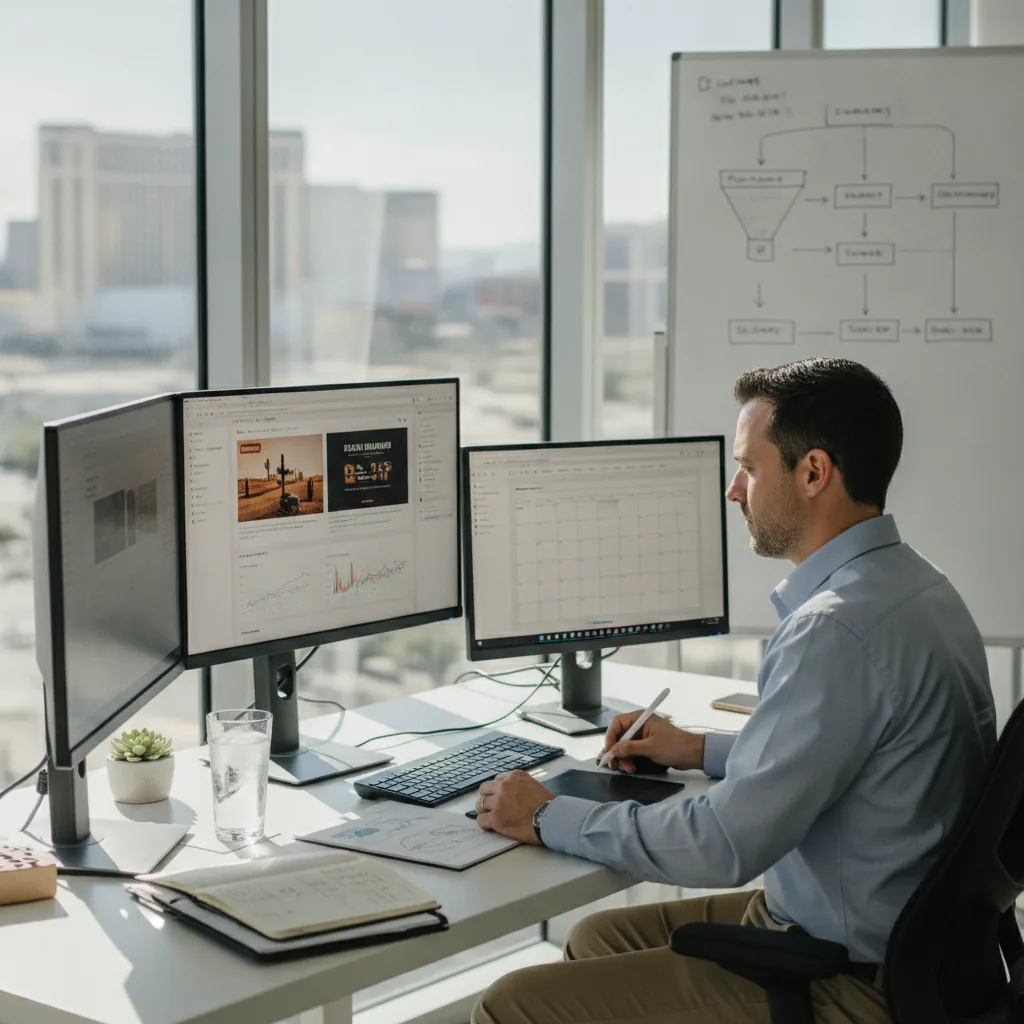 Man in blue shirt working at desk with dual monitors displaying design and analytics in high-rise office overlooking city.