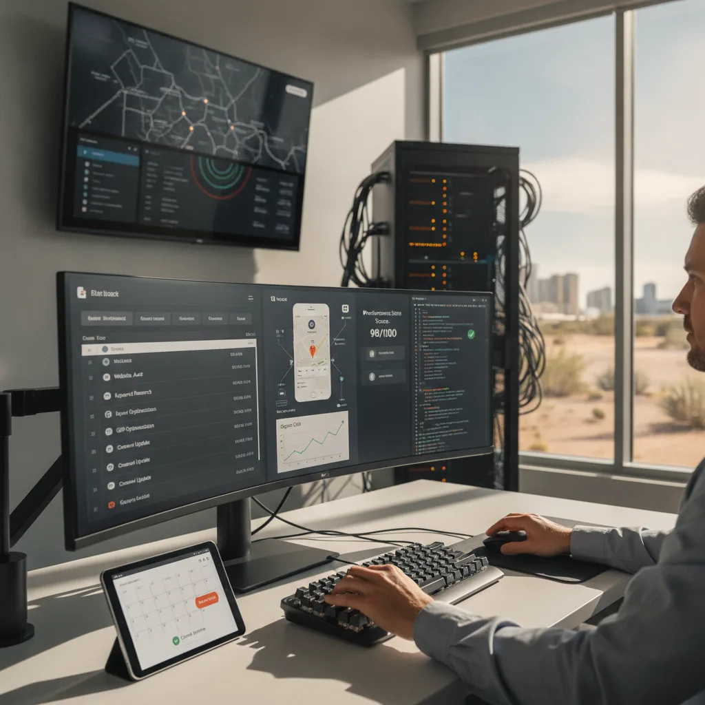 Person at desk monitoring network infrastructure and performance metrics on multiple screens with data visualizations.