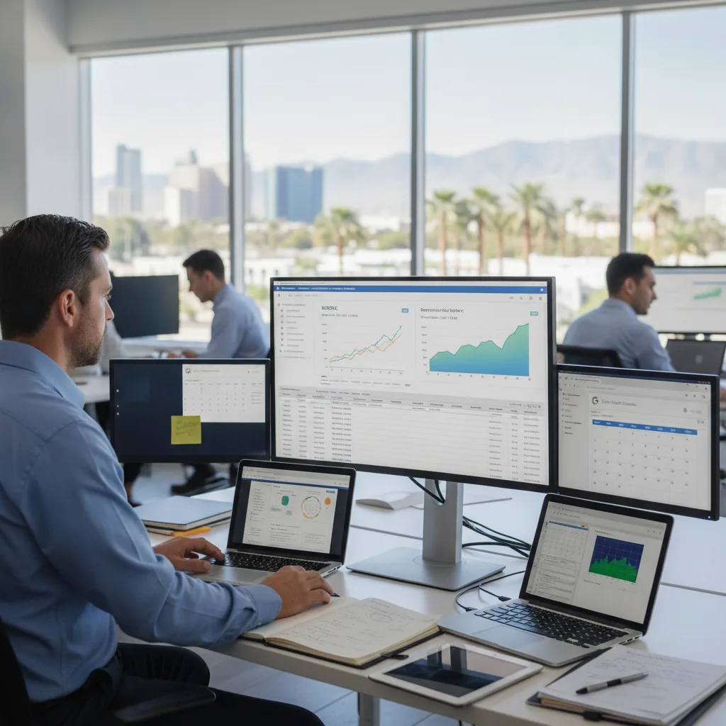 Team of professionals analyzing SEO data and analytics on multiple computer monitors in a modern office with city skyline vie