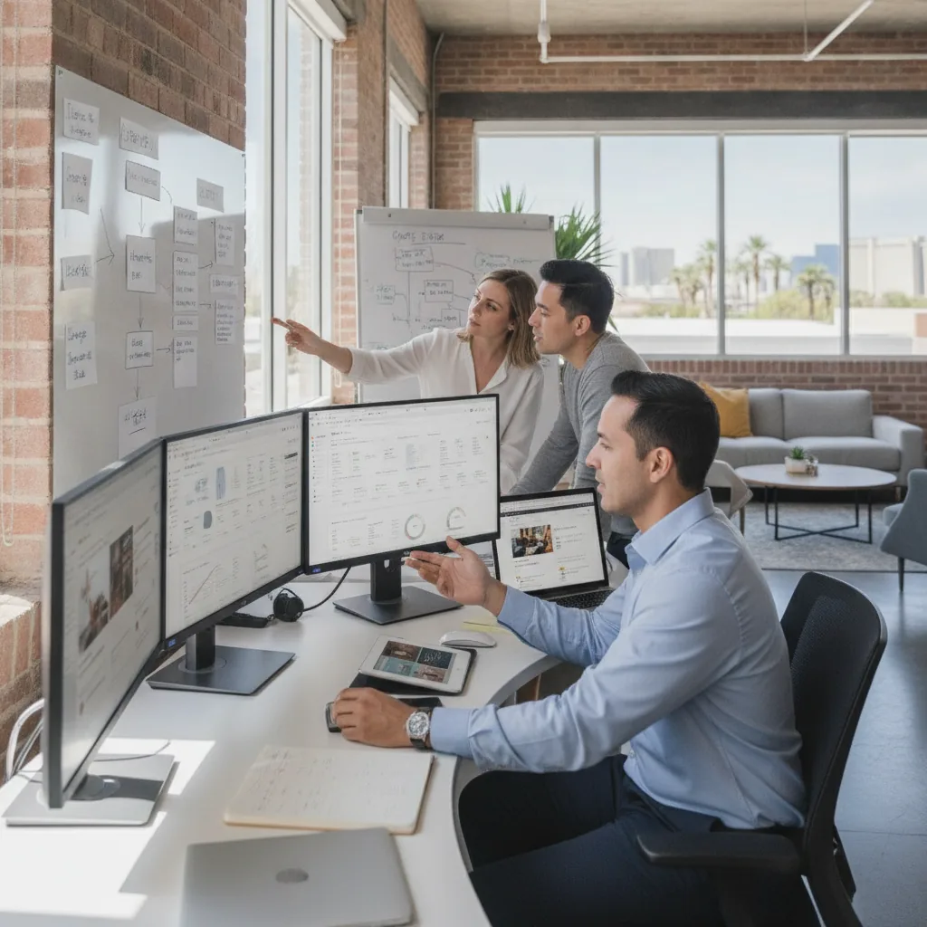 Three professionals review data and strategy on whiteboards and computer monitors in a modern office with city views.