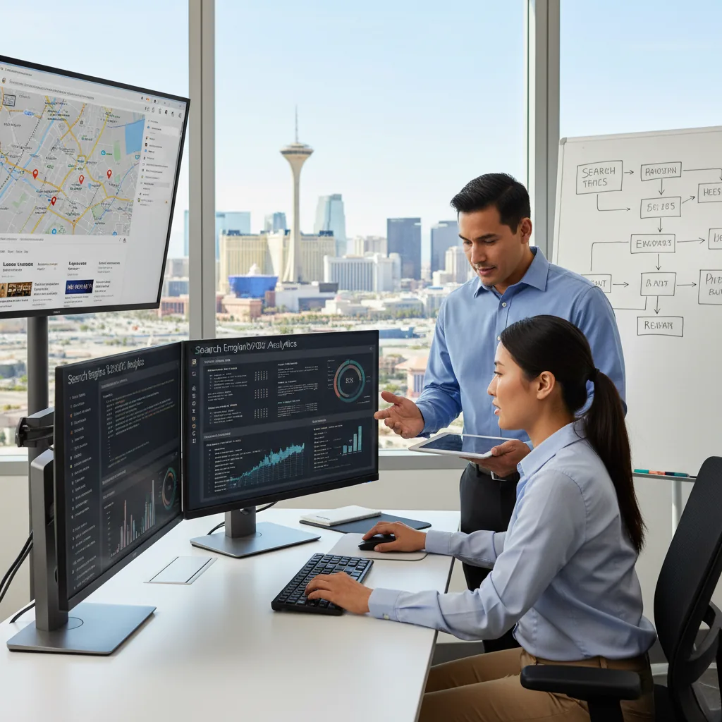 Two professionals review analytics dashboards on computer monitors in a high-rise office overlooking Las Vegas skyline.