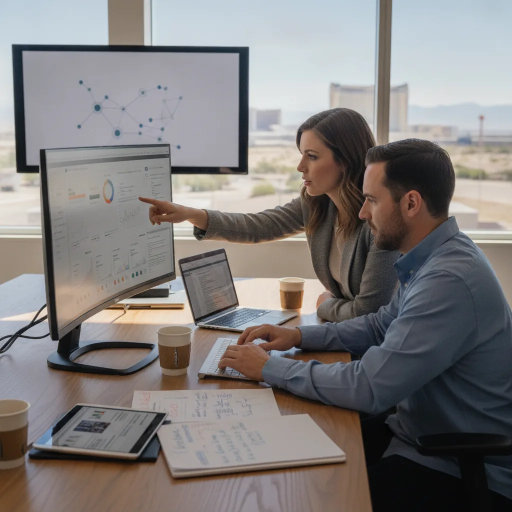 Two professionals review data analytics on multiple screens in a high-rise office with city views.