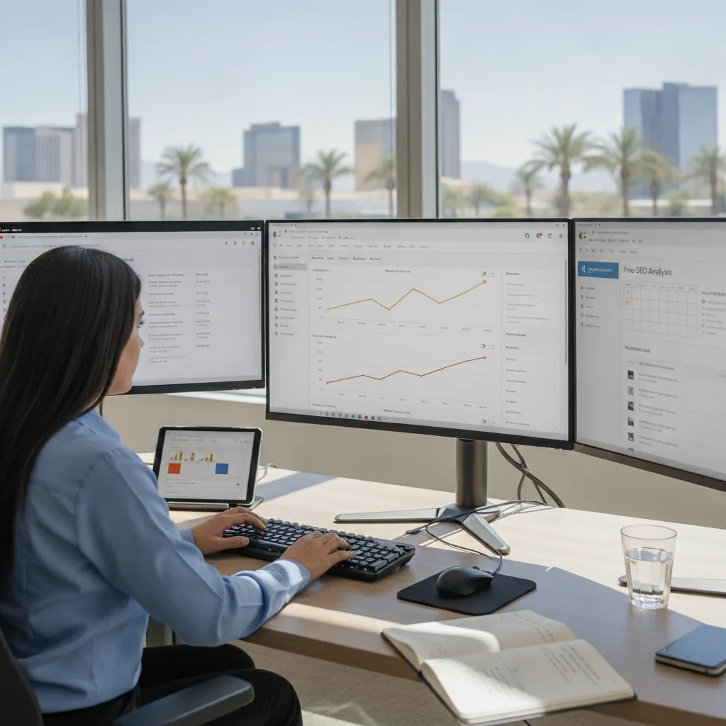 Woman at desk with multiple monitors displaying analytics and performance charts in a high-rise office overlooking Las Vegas.