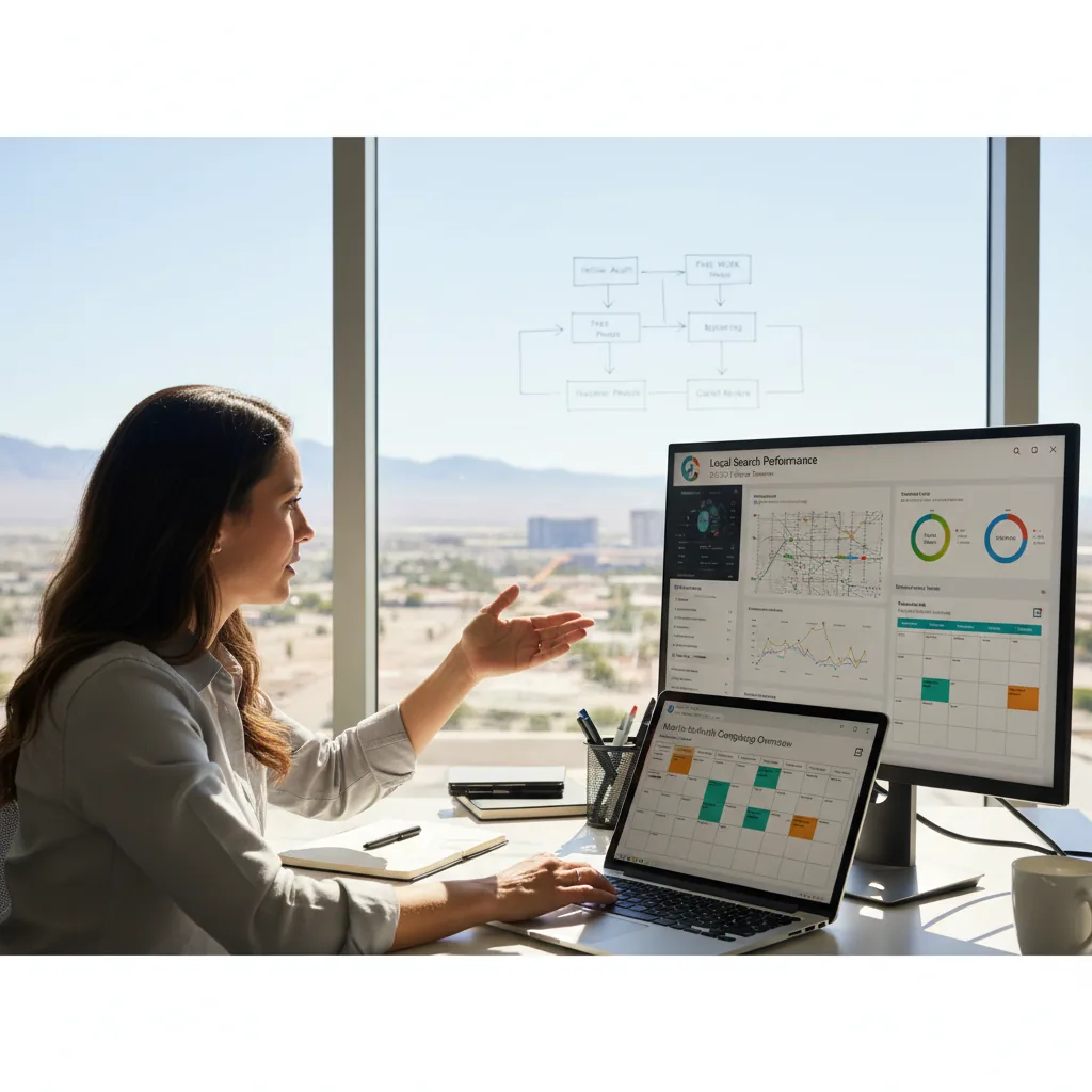 Woman at desk reviewing Local Search Performance analytics on desktop monitor and laptop with city view behind her.