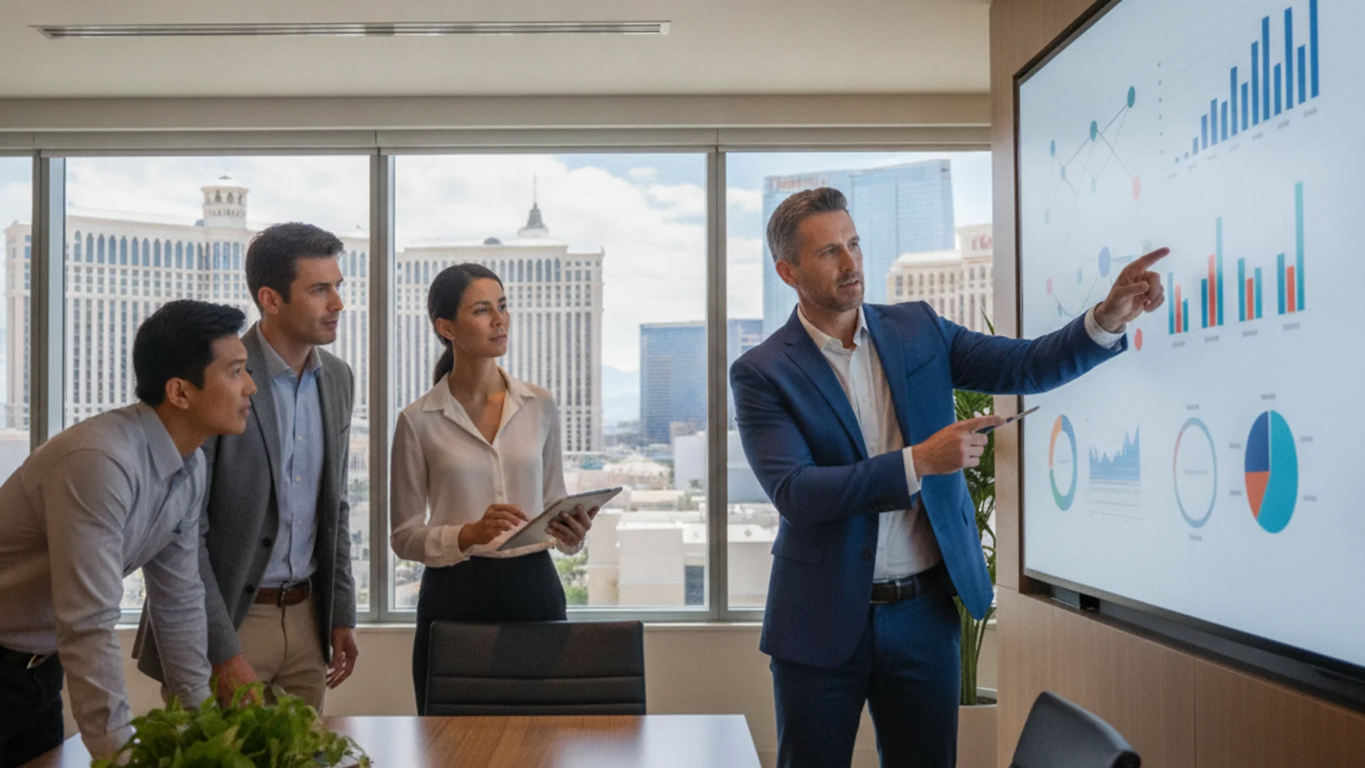 Marketing consultant presents growth charts on a wall screen to a business team in an office overlooking the Las Vegas Strip