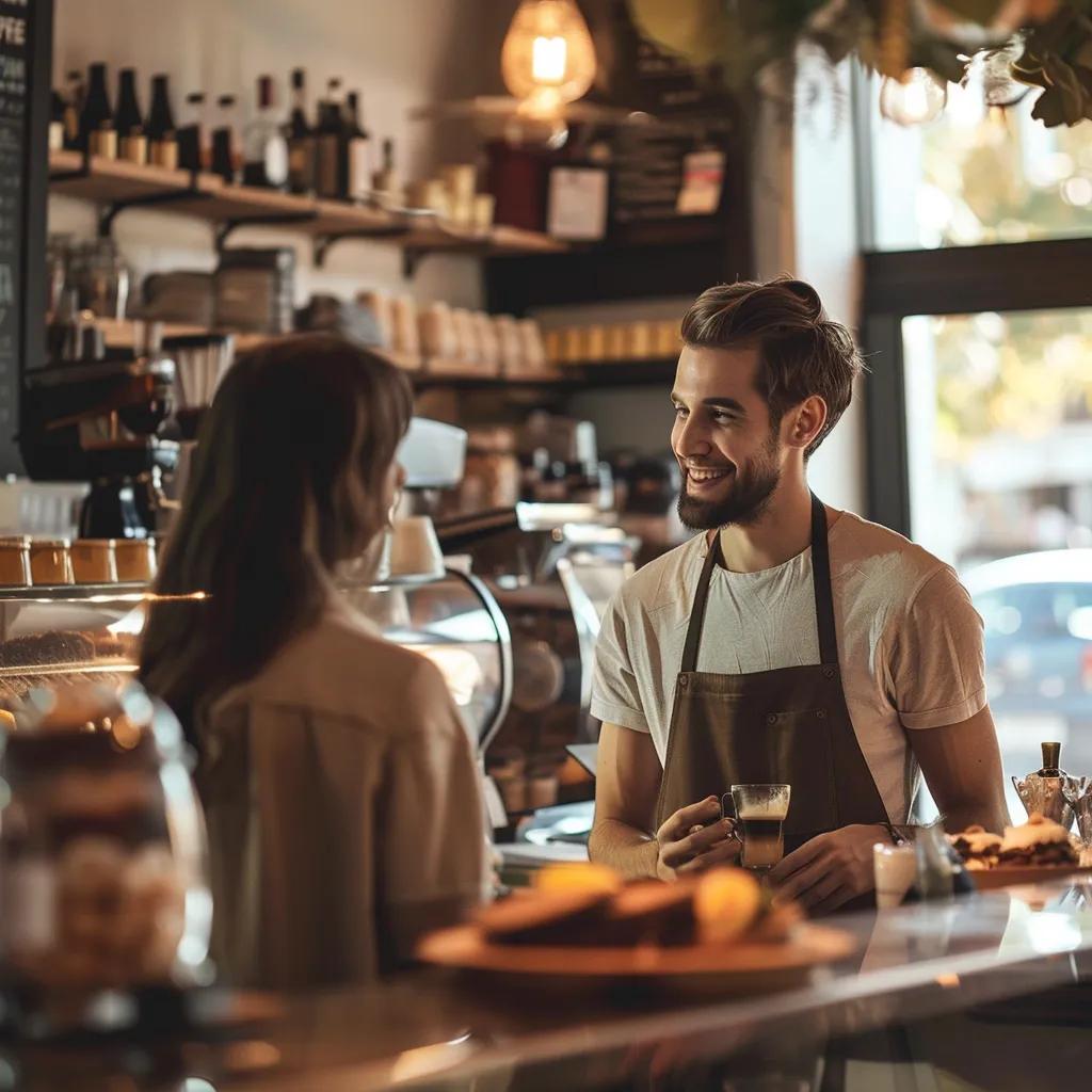 Small business owner engaging with customers in a welcoming shop environment