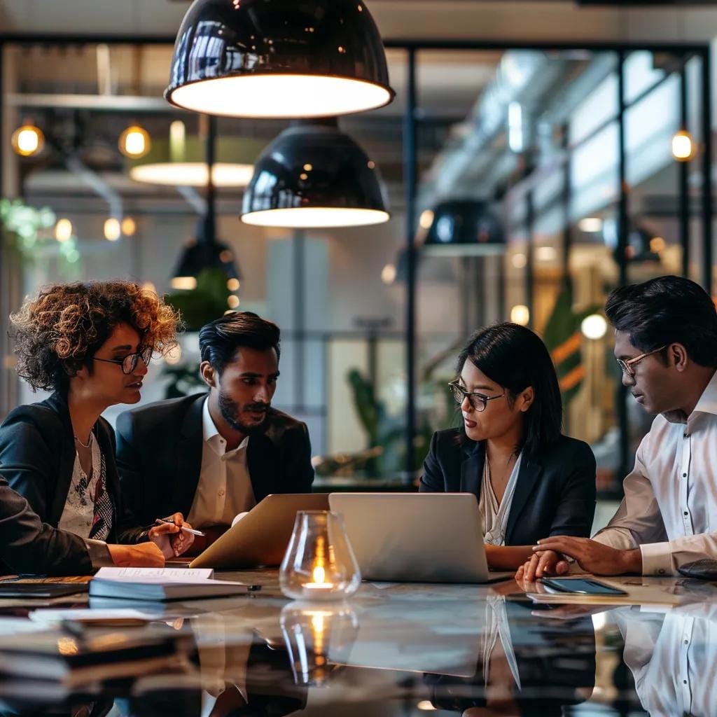 Business team discussing online reviews and reputation management strategies in a modern Las Vegas office