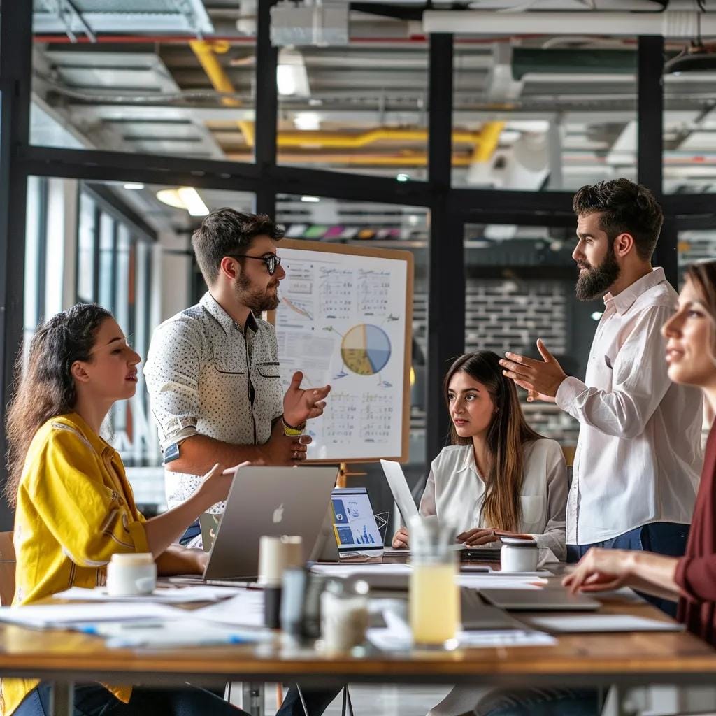 Diverse professionals collaborating on local SEO strategies in a modern workspace