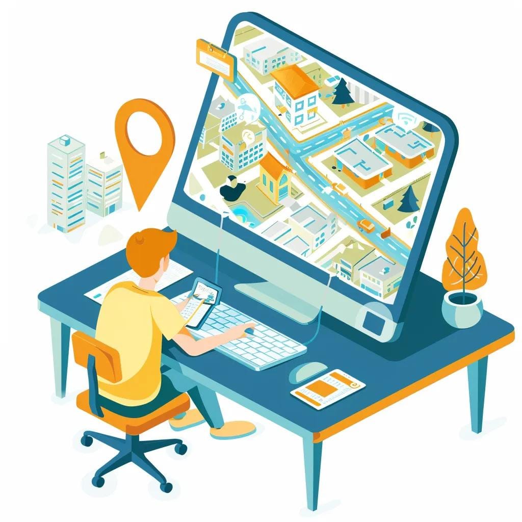 Person conducting local keyword research with visuals of neighborhoods and keywords