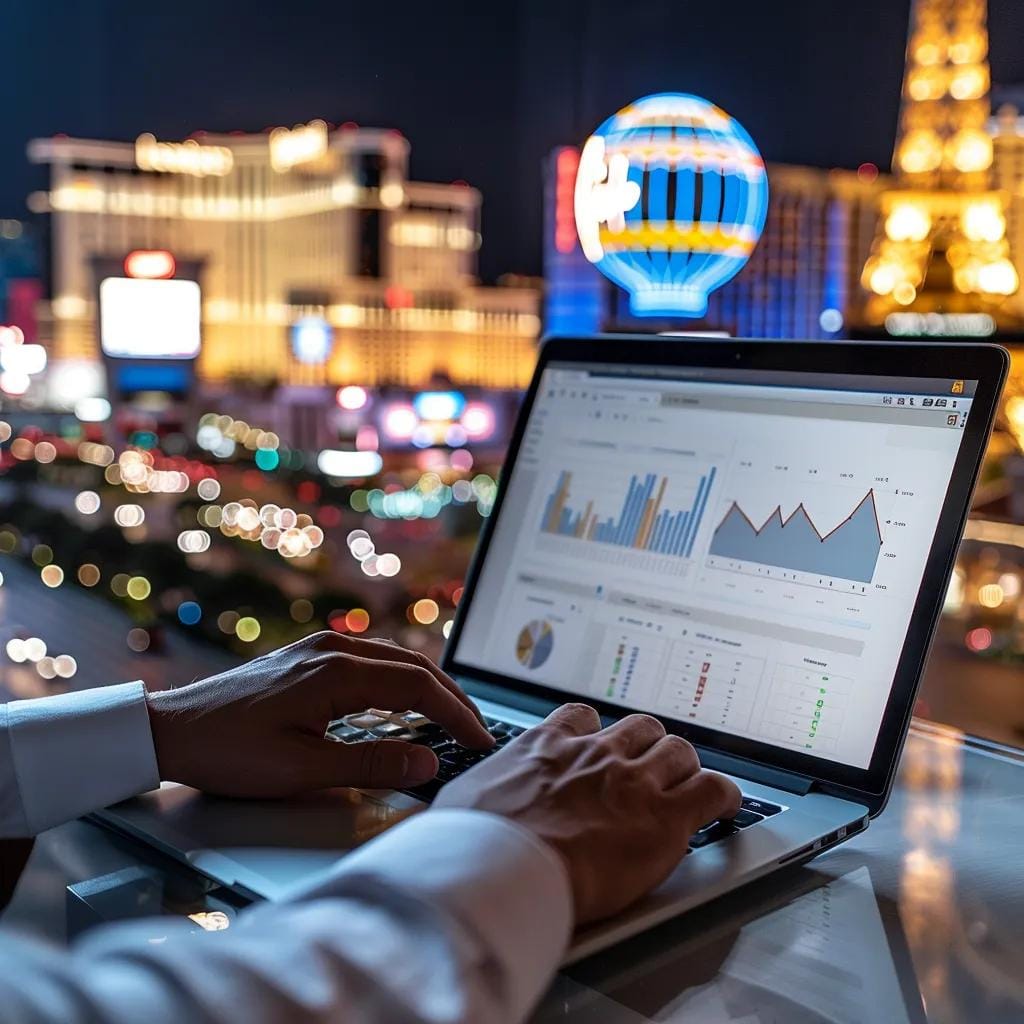 Digital marketing professional analyzing SEO data with Las Vegas landmarks in the background