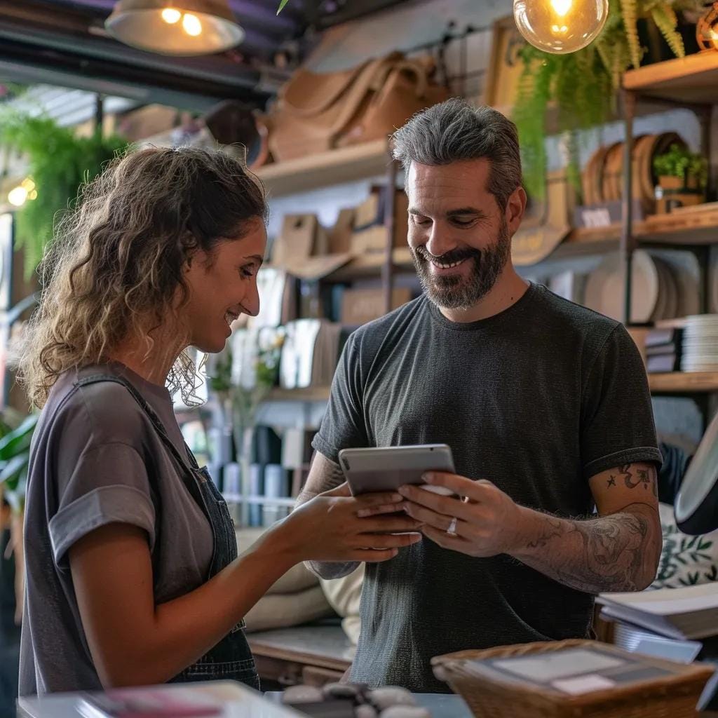 Business owner interacting with customers while showcasing Google My Business profile