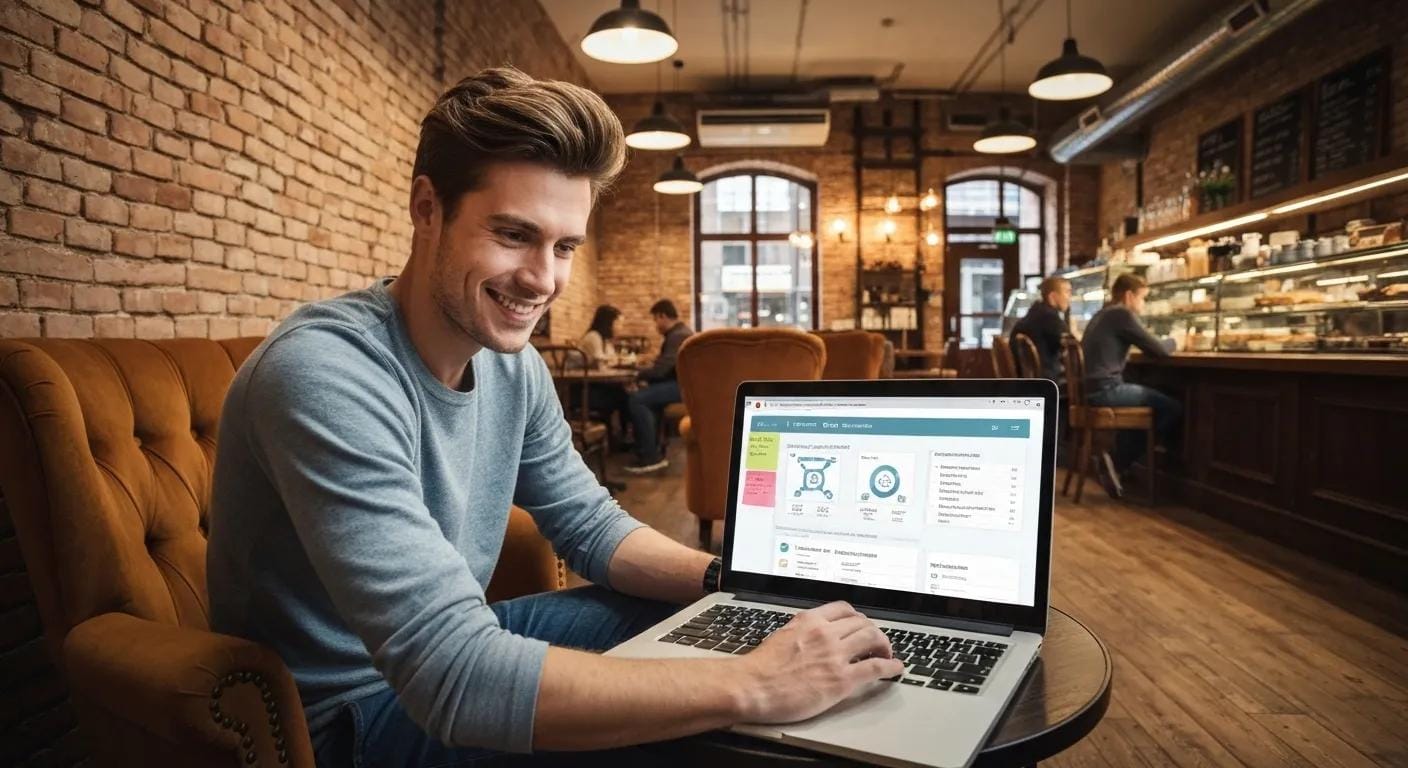 Person conducting local SEO keyword research in a café setting