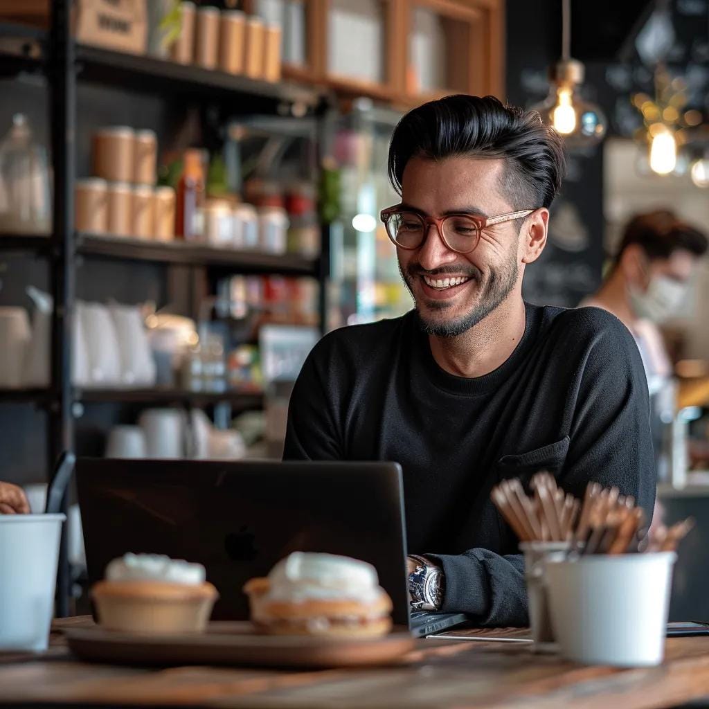 Business owner engaging with customers and managing reviews in a local café