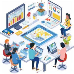 Group of professionals collaborating on local SEO strategies with laptops and maps