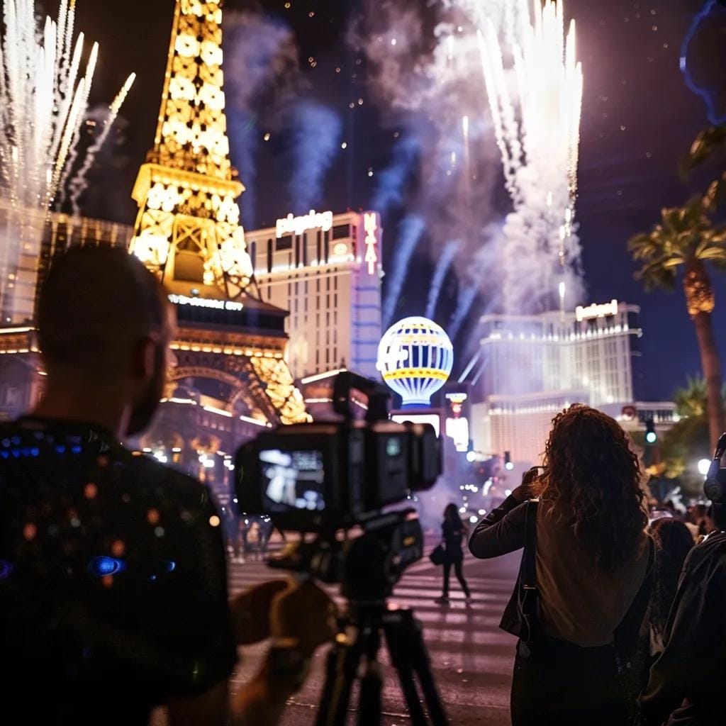 Video production team filming a local event in Las Vegas, showcasing engagement and excitement