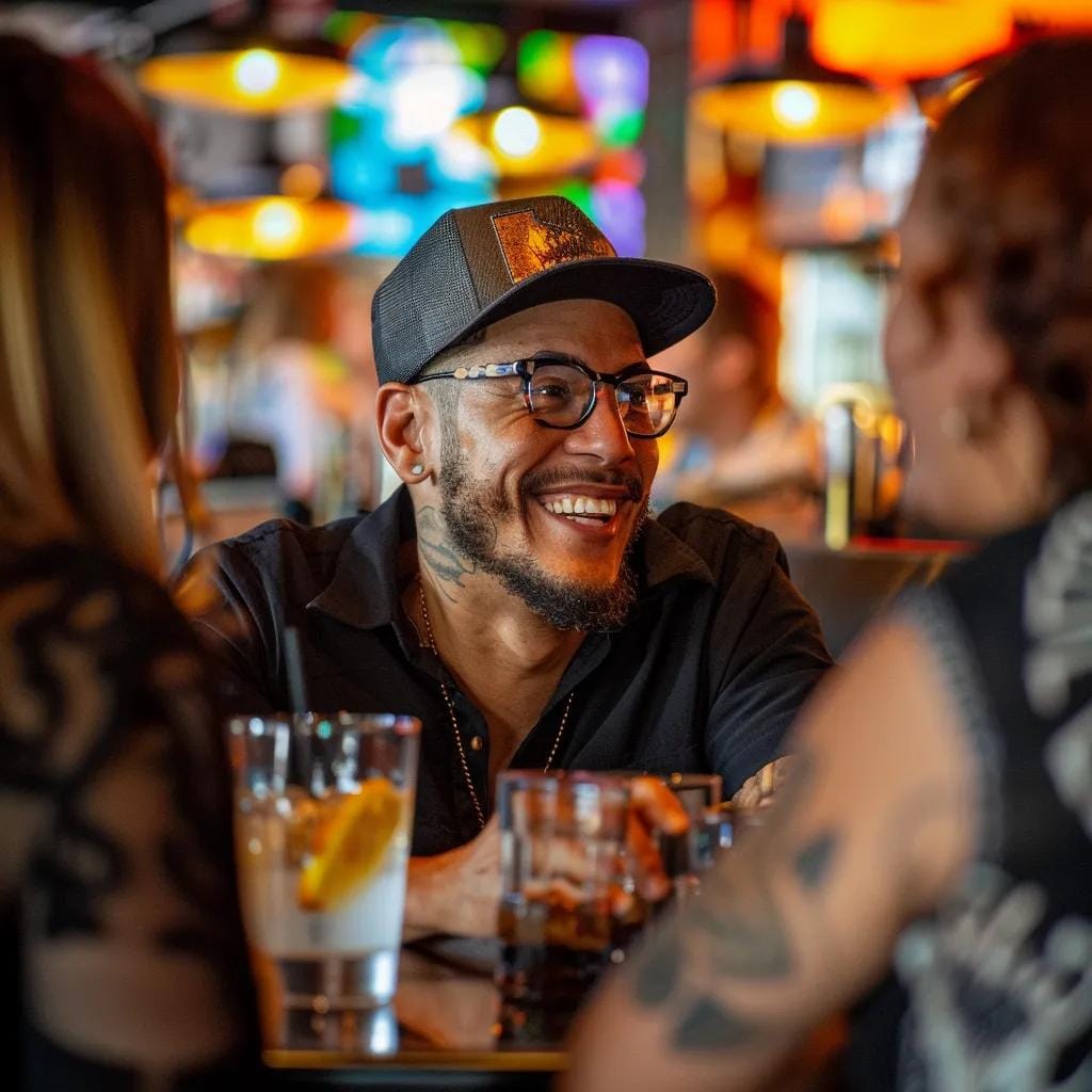 Local business owner engaging with satisfied customers in a vibrant Las Vegas setting