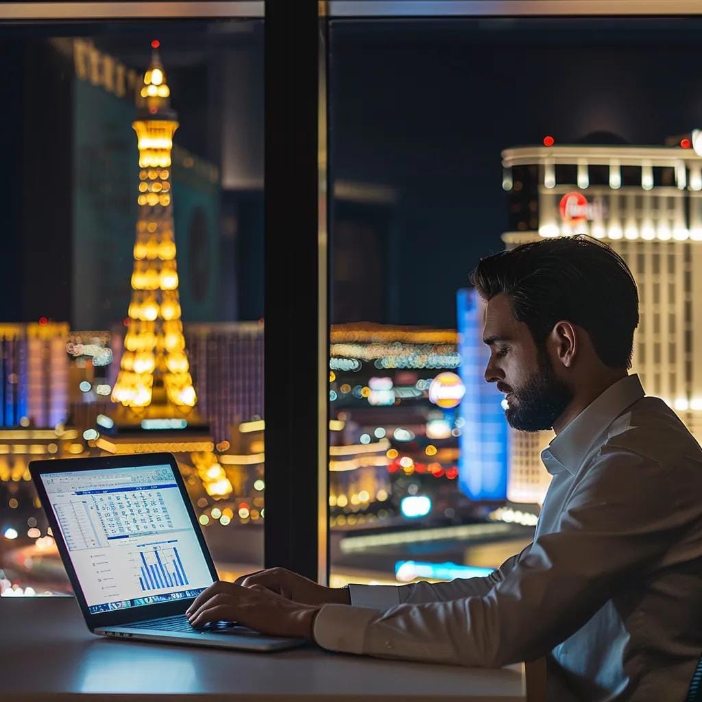 Business owner analyzing keyword data on a laptop in a Las Vegas-themed office
