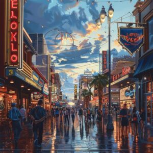 Las Vegas street scene highlighting local businesses and vibrant atmosphere