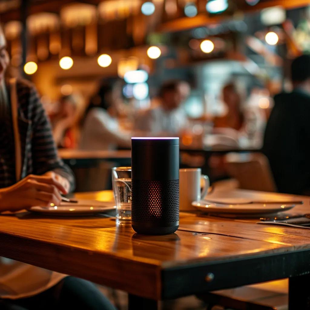 Person using a smart speaker in a Las Vegas restaurant, highlighting local SEO trends
