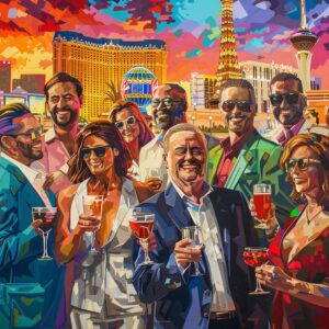 Diverse group of people in Las Vegas sharing positive experiences at a local business