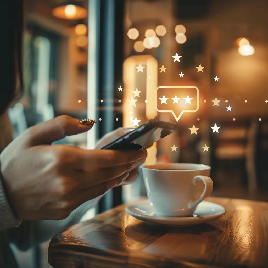 Customer leaving a positive review on a mobile device, highlighting the impact of reviews on local SEO