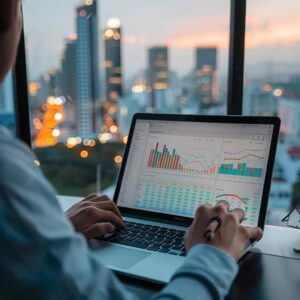 Small business owner analyzing local SEO data with a cityscape background