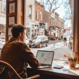 Small business owner analyzing local SEO data with keywords and a street view
