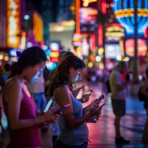 Las Vegas street scene with people using mobile devices, emphasizing local SEO and keyword tools