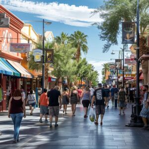 Las Vegas street scene with local businesses representing community engagement and local link building