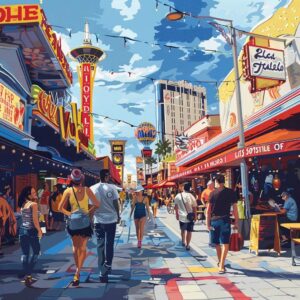 Vibrant Las Vegas street scene highlighting local businesses and customer interactions