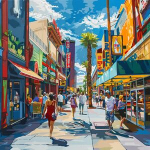 Vibrant Las Vegas street scene highlighting local businesses and consumer engagement