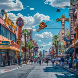 Las Vegas street scene emphasizing local business visibility and engagement