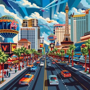 Las Vegas skyline with local businesses and iconic landmarks representing local content strategies