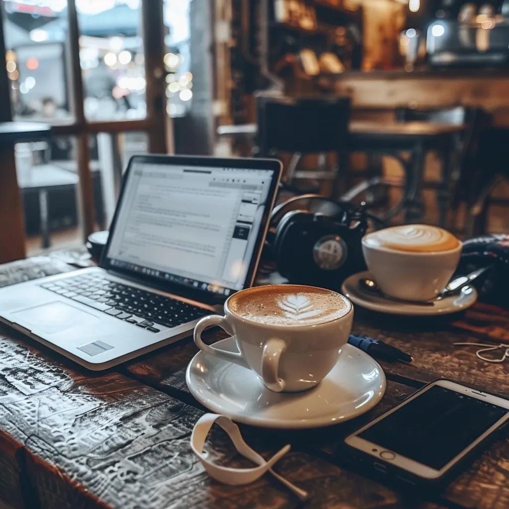 Person researching guest posting opportunities in a Las Vegas coffee shop